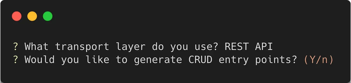 The terminal asks if we want to generate CRUD entry points.