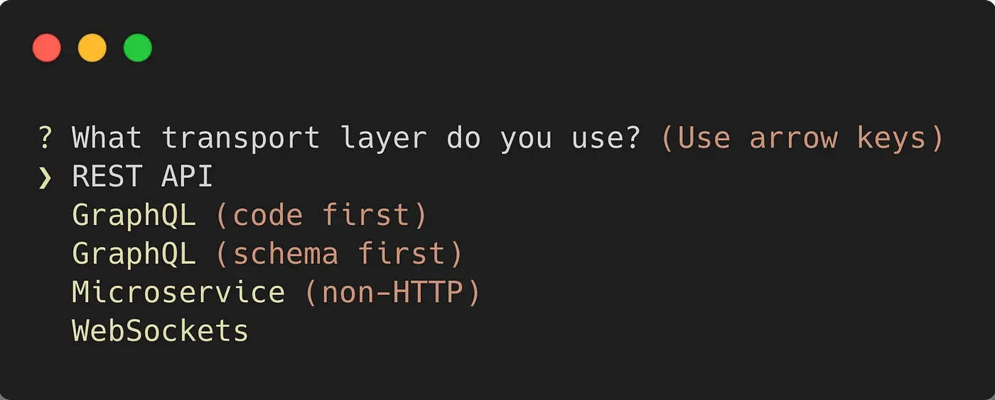 The terminal shows a prompt to select a transport layer between REST API, GraphQL, Microservice, and WebSockets.